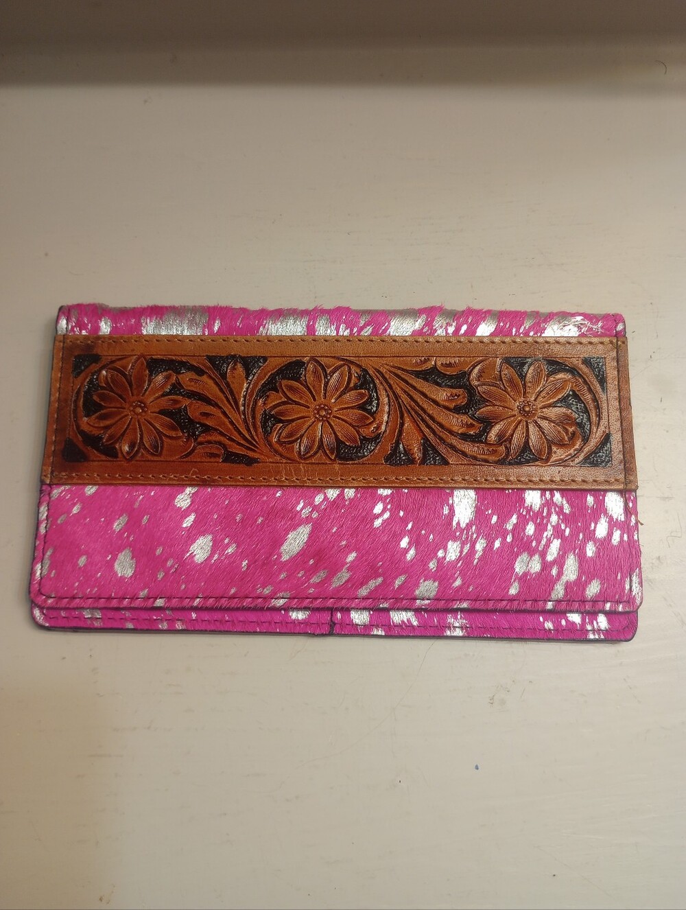Western Linens Tooled Leather And Cowhide Wallet